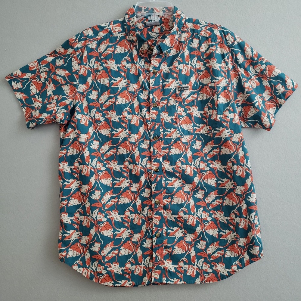 Columbia Large Button Front Shirt Teal Orange Floral Monstera Leaf Short Sleeve